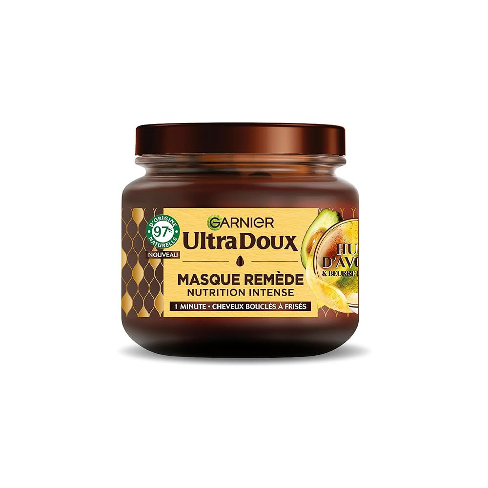 GARNIER ULTRA DOUX – MASQUE REMÈDE NUTRITION INTENSE – HUILE D’AVOCAT & BEURRE DE KARITÉ – POUR CHEVEUX TRÈS SECS BOUCLÉS OU FRISÉS – SANS PARABÈNE – 340 ML