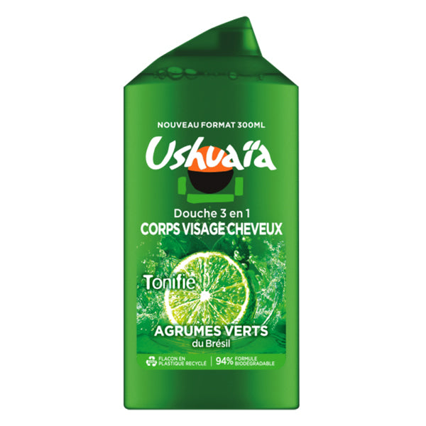 USHUAÏA – GEL DOUCHE 3 EN 1 TONIFIANT CORPS VISAGE CHEVEUX AUX AGRUMES VERTS DU BRÉSIL – 300ML