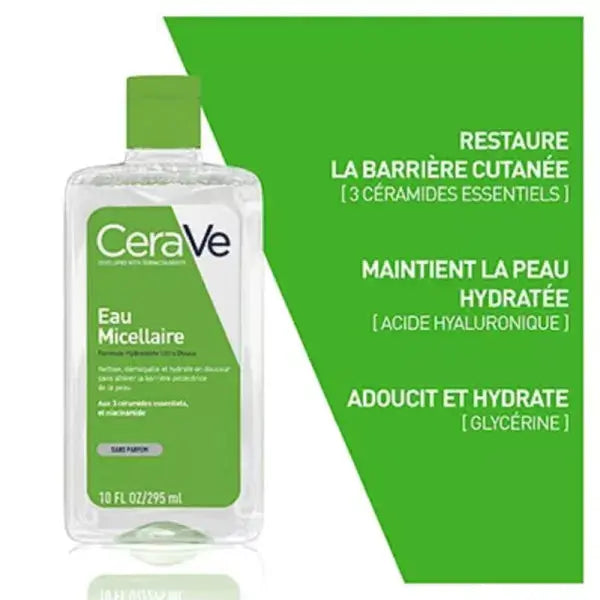 Eau Micellaire 295ml - Nettoyant et Démaquillant Visage - Peaux Normales à Sèches CeraVe