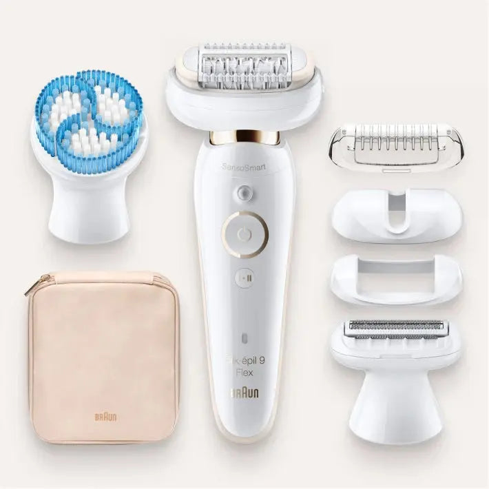 Épilateur Silk-épil 9 Flex 9010 avec technologie Wet & Dry et 6 accessoires dont brosse exfoliante en profondeur pour le corps. Braun
