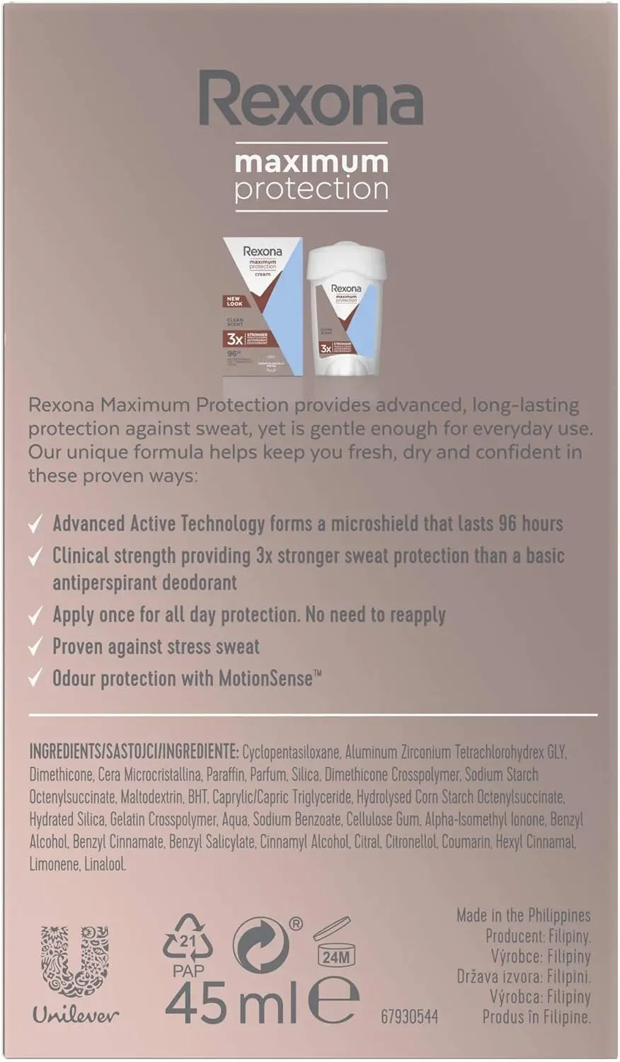 REXONA - Déodorant stick anti-transpirant, Maximum Protection rexona