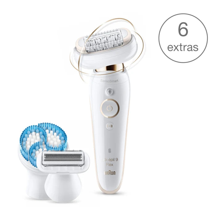 Épilateur Silk-épil 9 Flex 9010 avec technologie Wet & Dry et 6 accessoires dont brosse exfoliante en profondeur pour le corps.