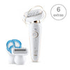 Épilateur Silk-épil 9 Flex 9010 avec technologie Wet & Dry et 6 accessoires dont brosse exfoliante en profondeur pour le corps.