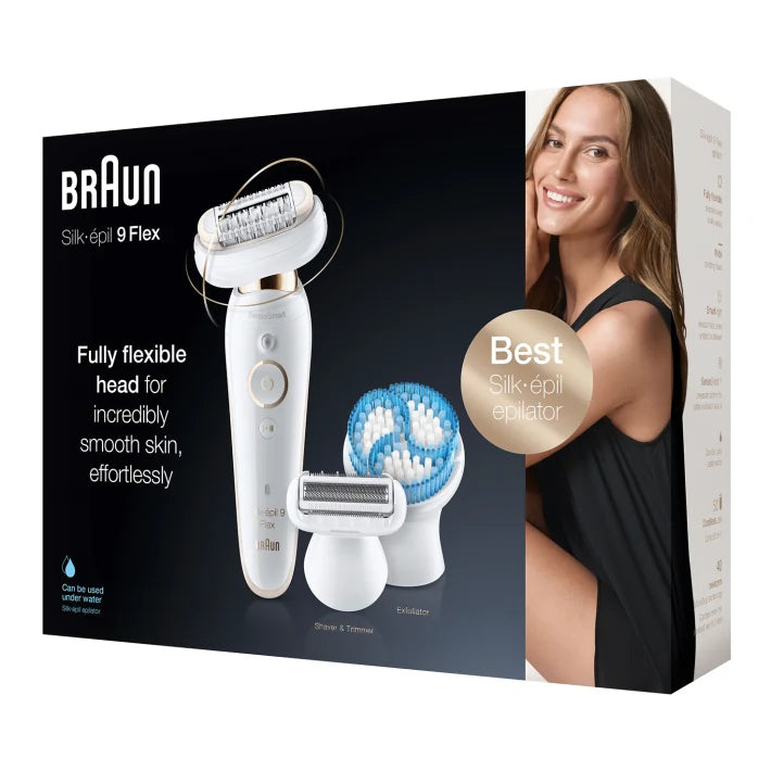 Épilateur Silk-épil 9 Flex 9010 avec technologie Wet & Dry et 6 accessoires dont brosse exfoliante en profondeur pour le corps.