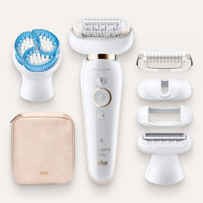 Épilateur Silk-épil 9 Flex 9010 avec technologie Wet & Dry et 6 accessoires dont brosse exfoliante en profondeur pour le corps.