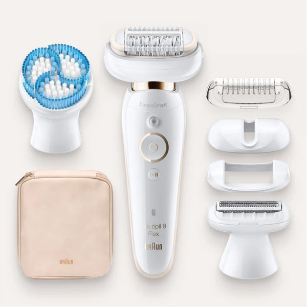 Épilateur Silk-épil 9 Flex 9010 avec technologie Wet & Dry et 6 accessoires dont brosse exfoliante en profondeur pour le corps.